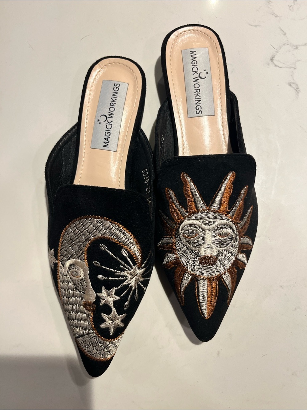 Black Embroidered Sun & Moon Pointed Mules